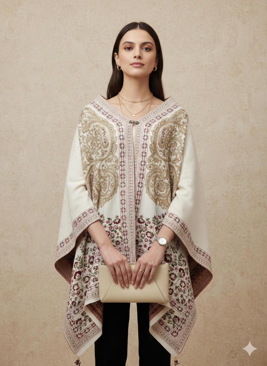 Off-White & Gold Paisley Embroidered Winter Cape
