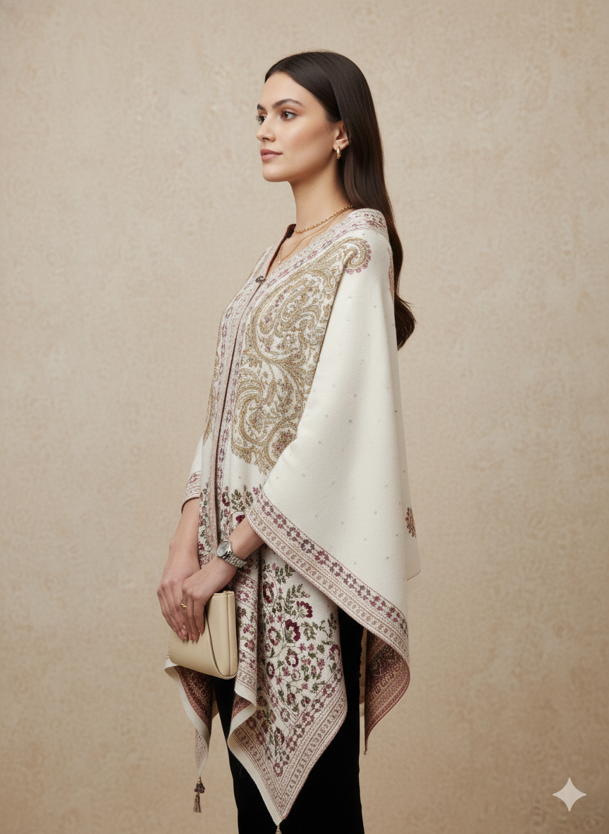 Off-White & Gold Paisley Embroidered Winter Cape