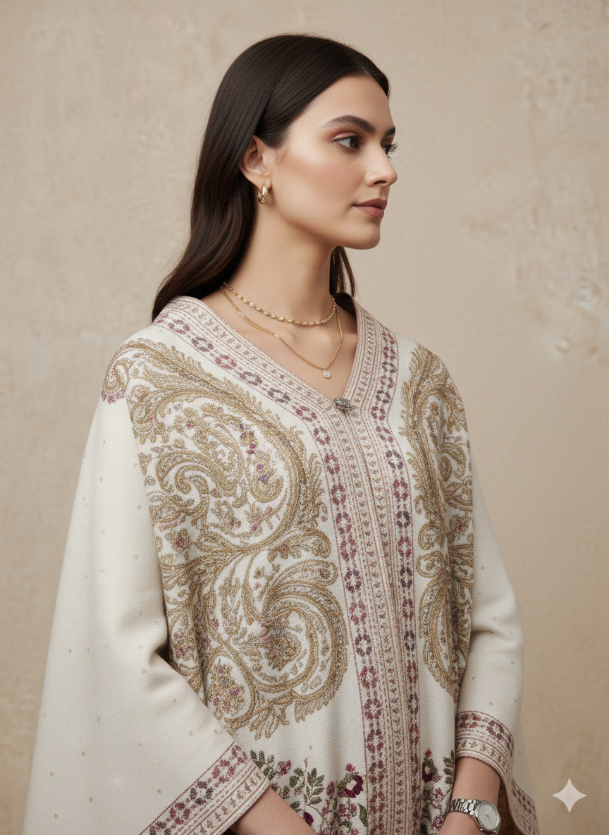 Off-White & Gold Paisley Embroidered Winter Cape