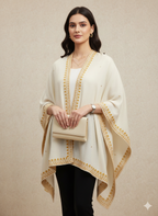 Off-White & Gold Embroidered Border Winter Poncho