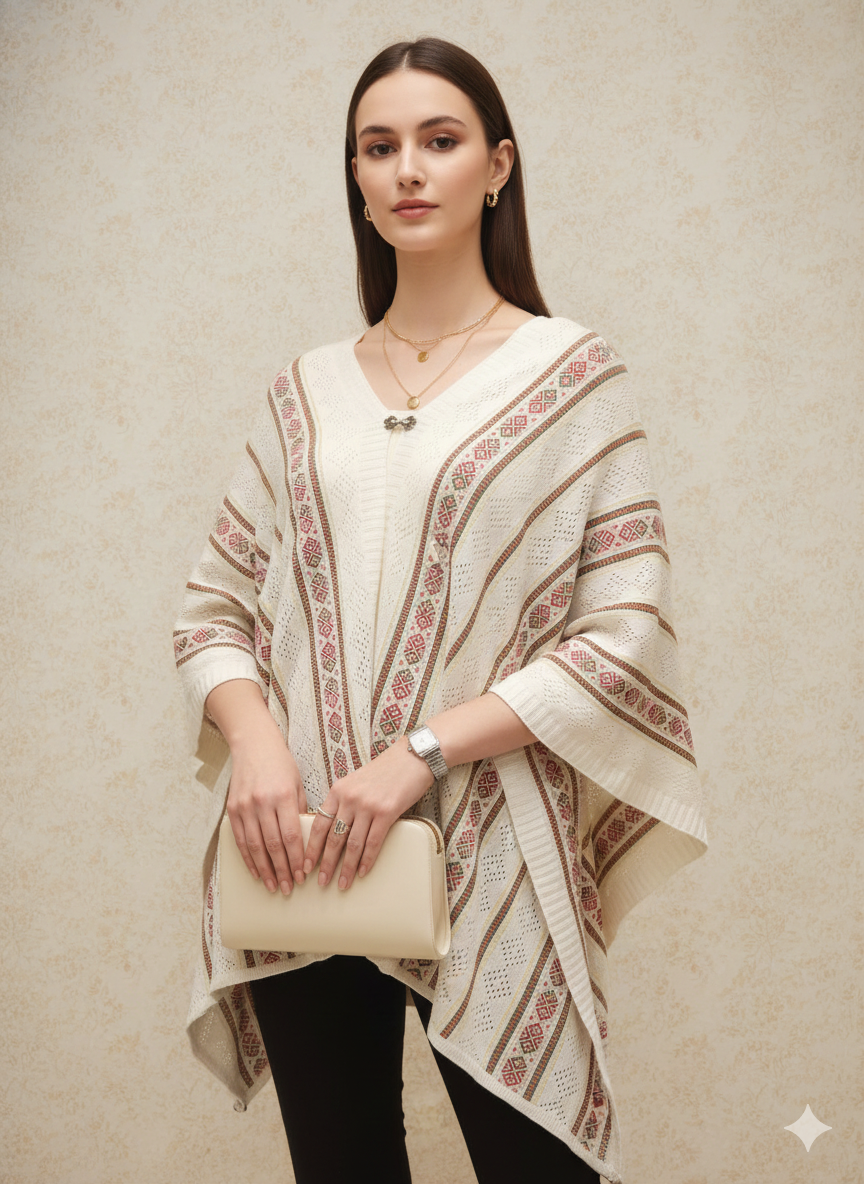 Off-White & Multi-Striped Open-Knit Winter Poncho