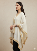 Off-White & Gold Embroidered Border Winter Poncho