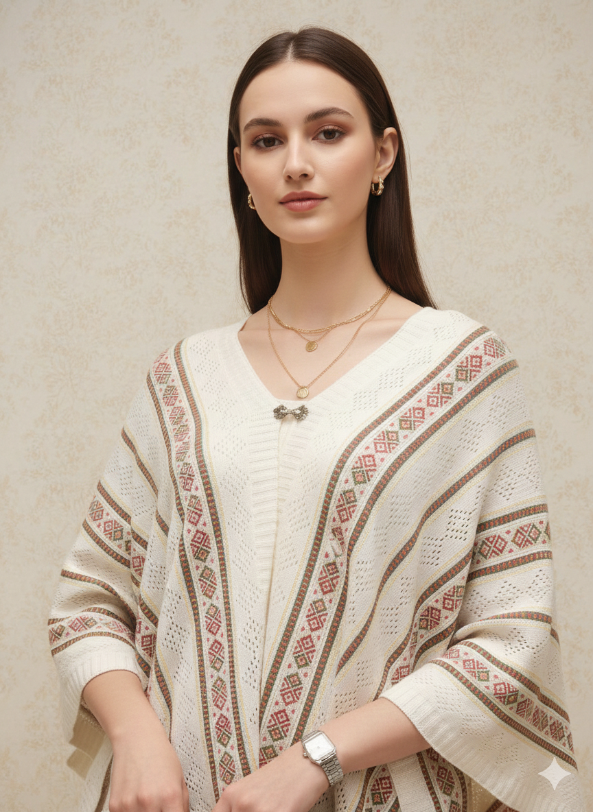 Off-White & Multi-Striped Open-Knit Winter Poncho