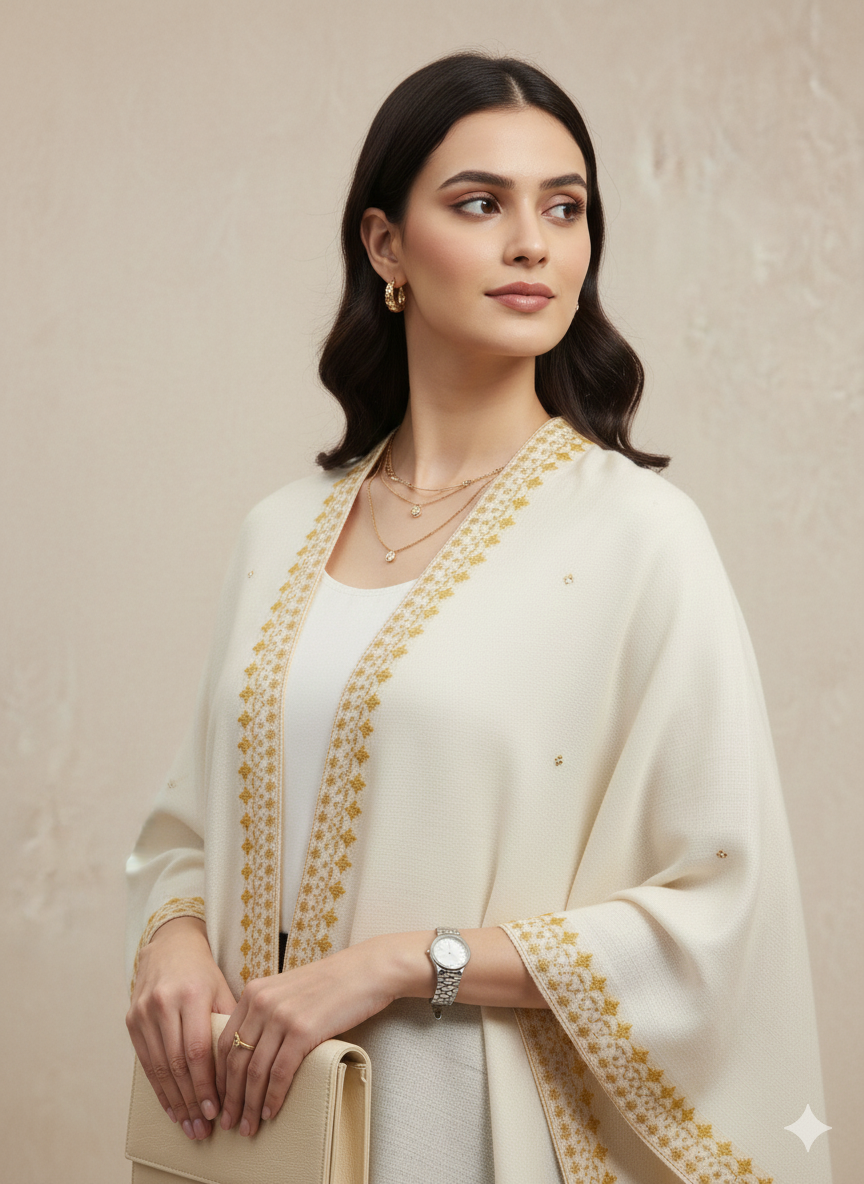 Off-White & Gold Embroidered Border Winter Poncho