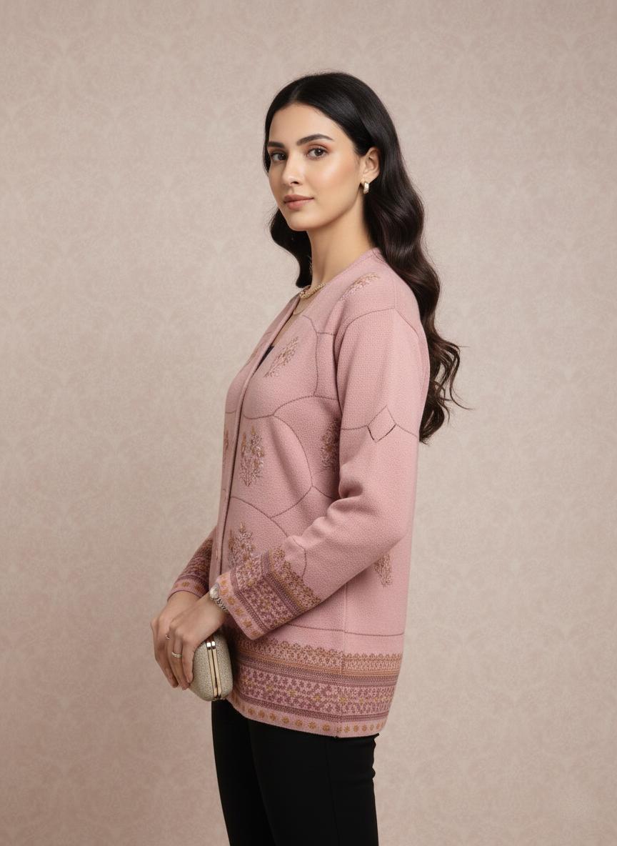 Blush Pink Embroidered Winter Cardigan Jacket