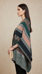 Multi-Tonal Striped Knit Poncho with Intarsia Patterns