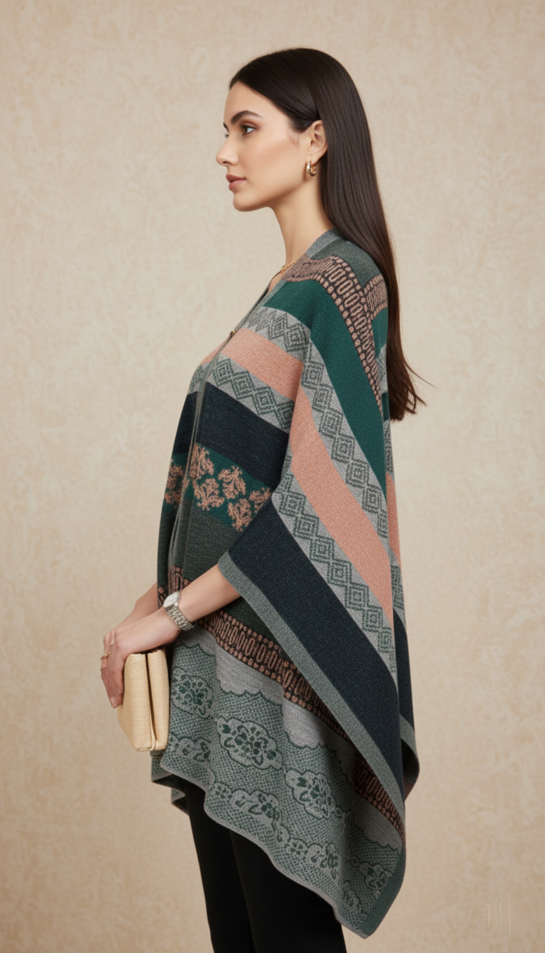 Multi-Tonal Striped Knit Poncho with Intarsia Patterns