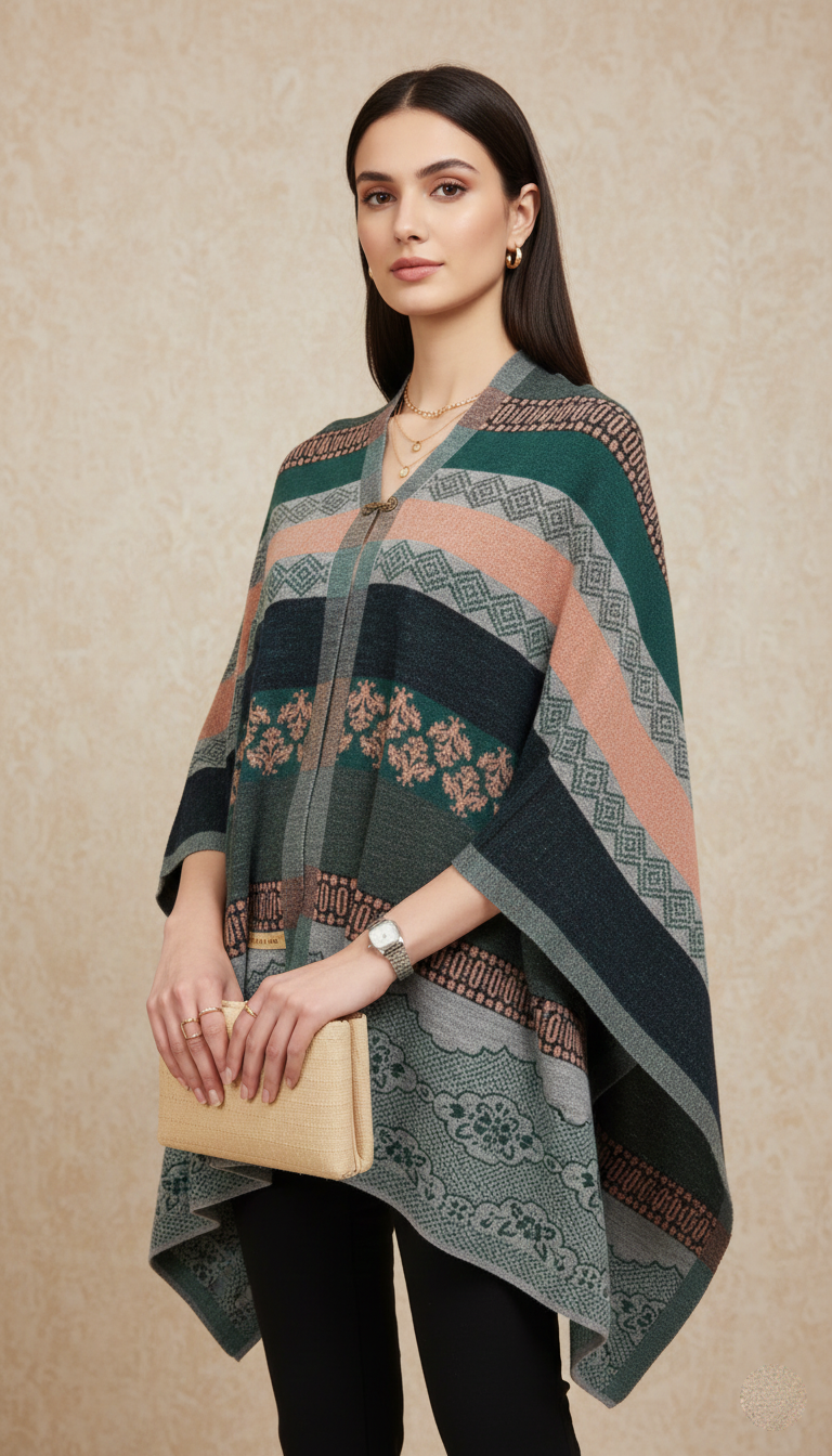 Multi-Tonal Striped Knit Poncho with Intarsia Patterns