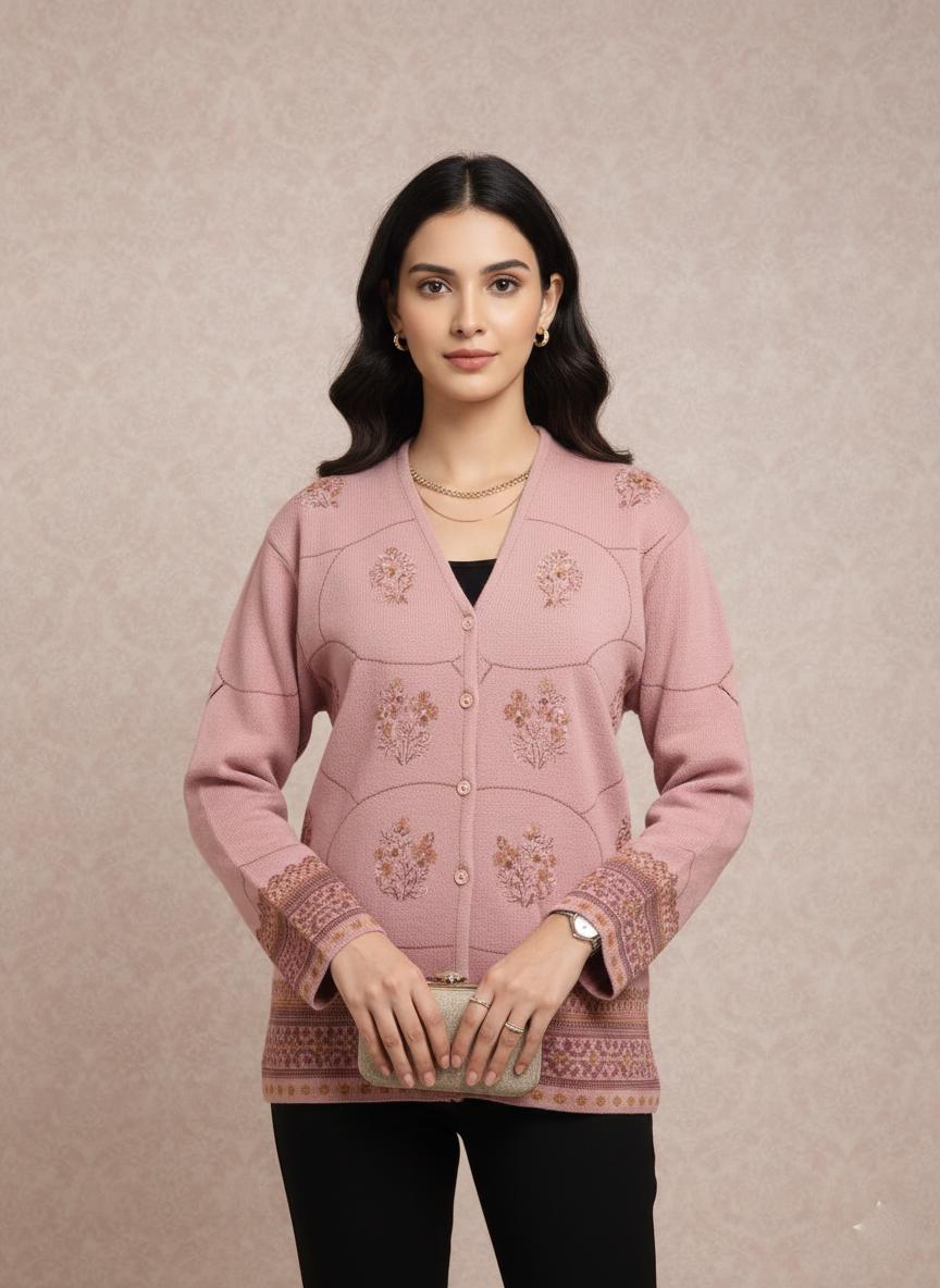 Blush Pink Embroidered Winter Cardigan Jacket