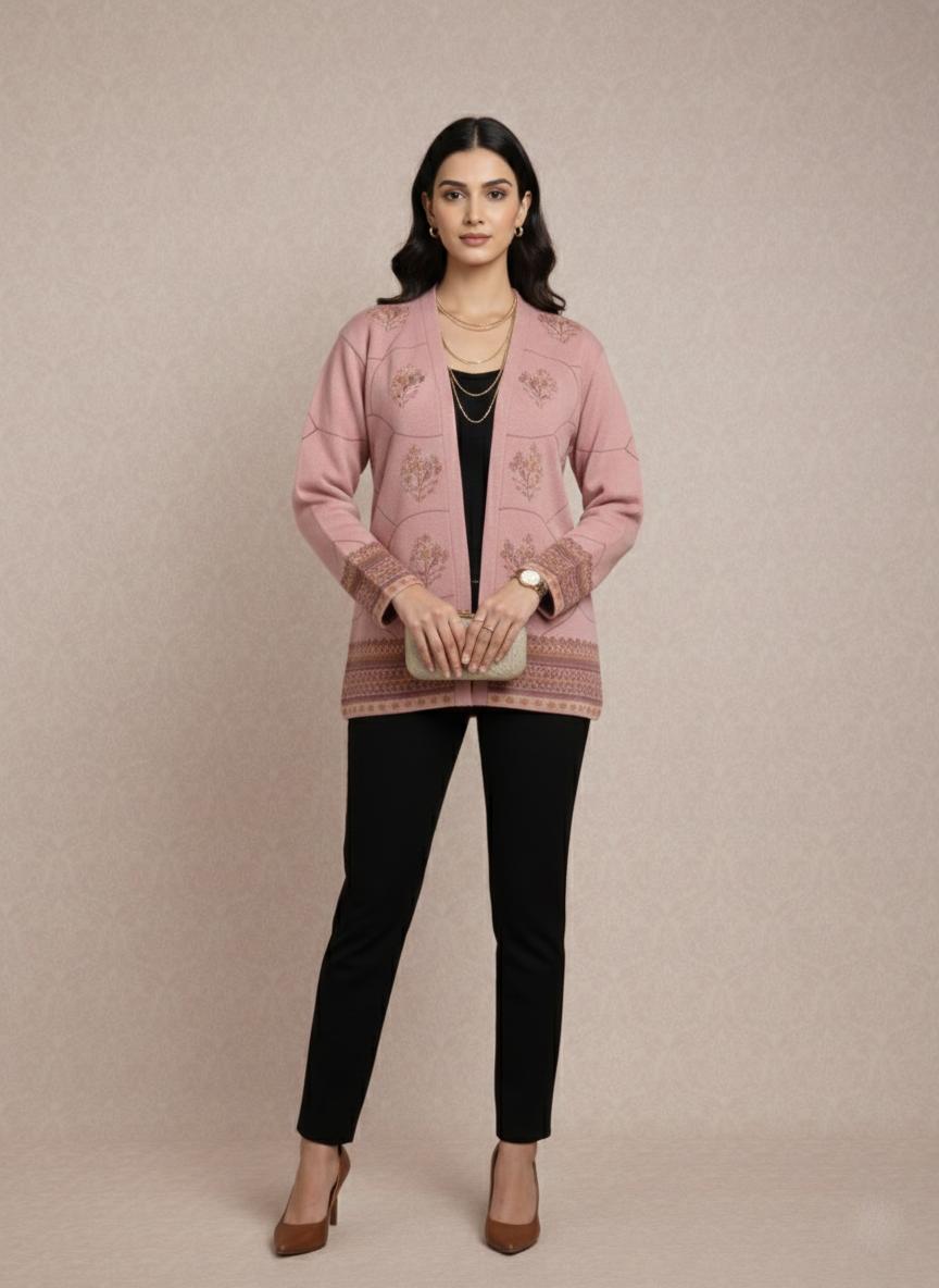 Blush Pink Embroidered Winter Cardigan Jacket