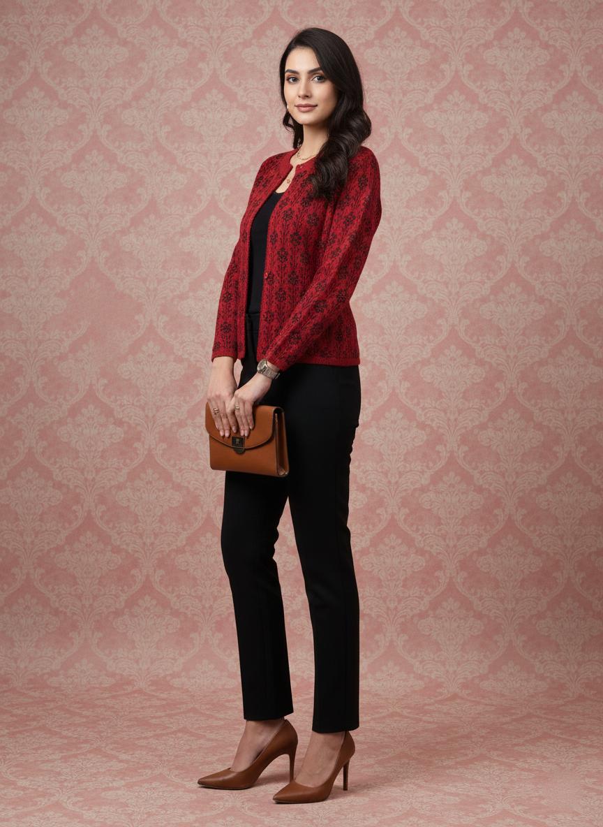 Elegant Red Jacquard Jacket