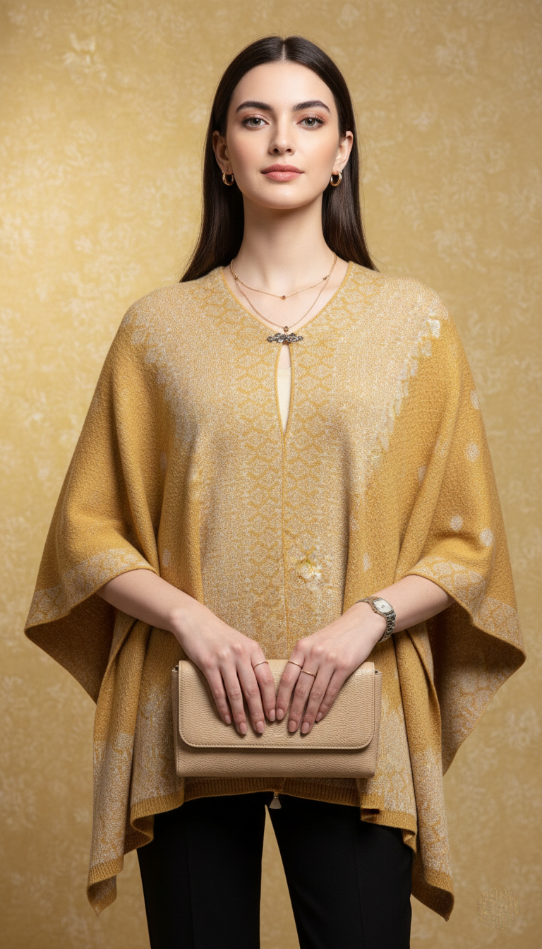 Elegant Mustard Woven Cape Top with Subtle Pattern Detailing