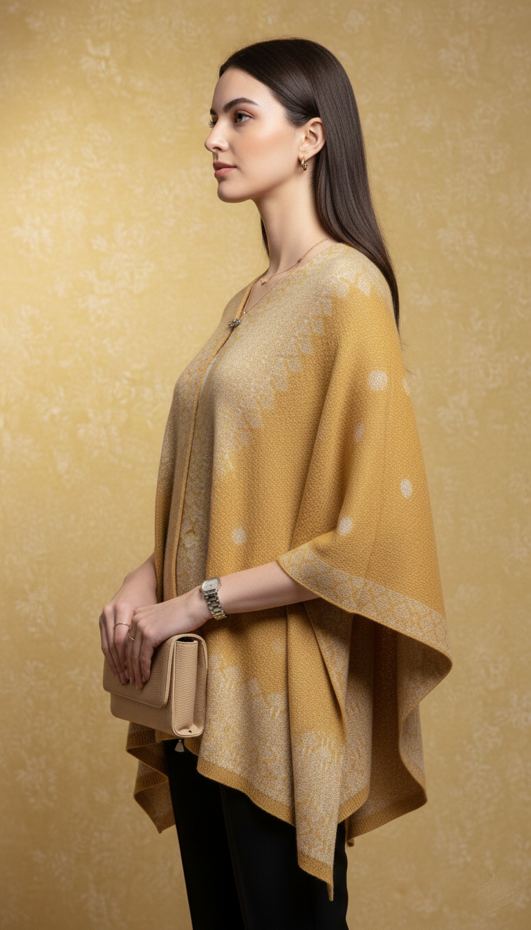 Elegant Mustard Woven Cape Top with Subtle Pattern Detailing