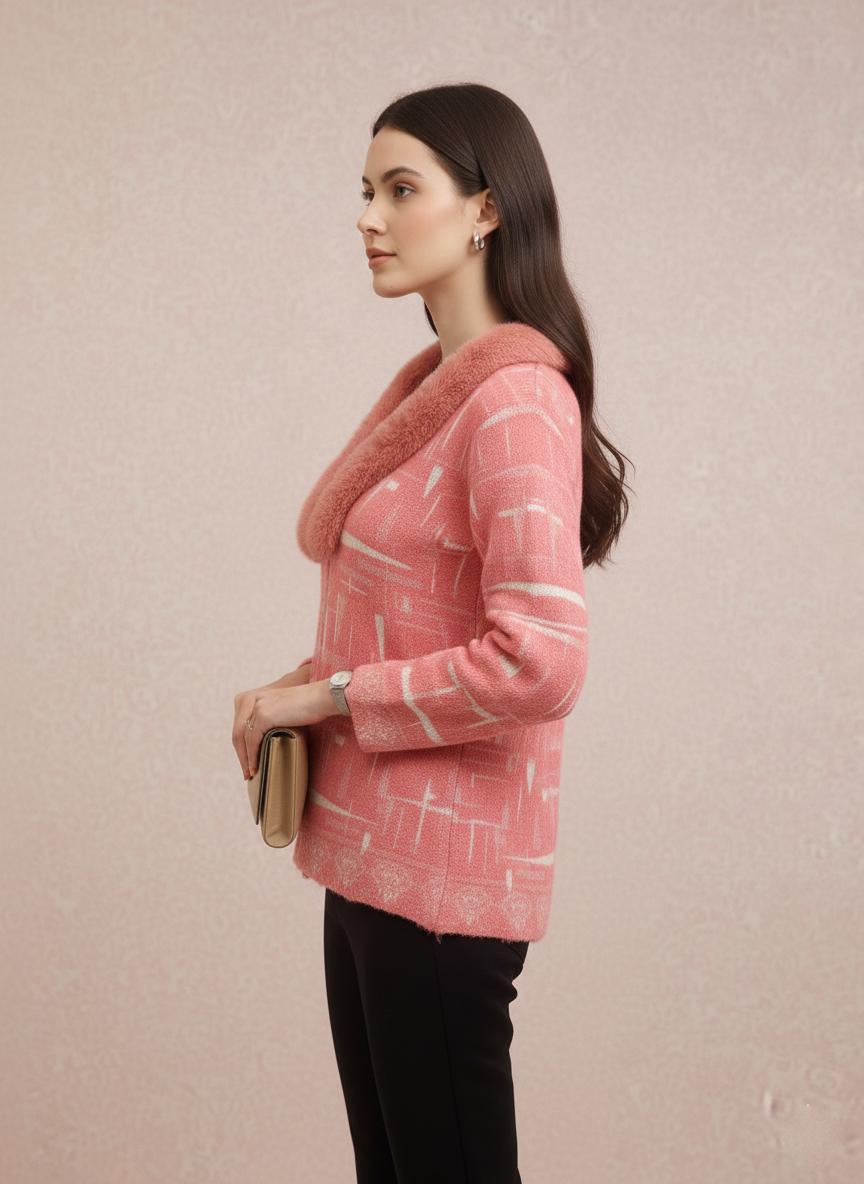 Pink Textured Jacket with Faux Fur Collar