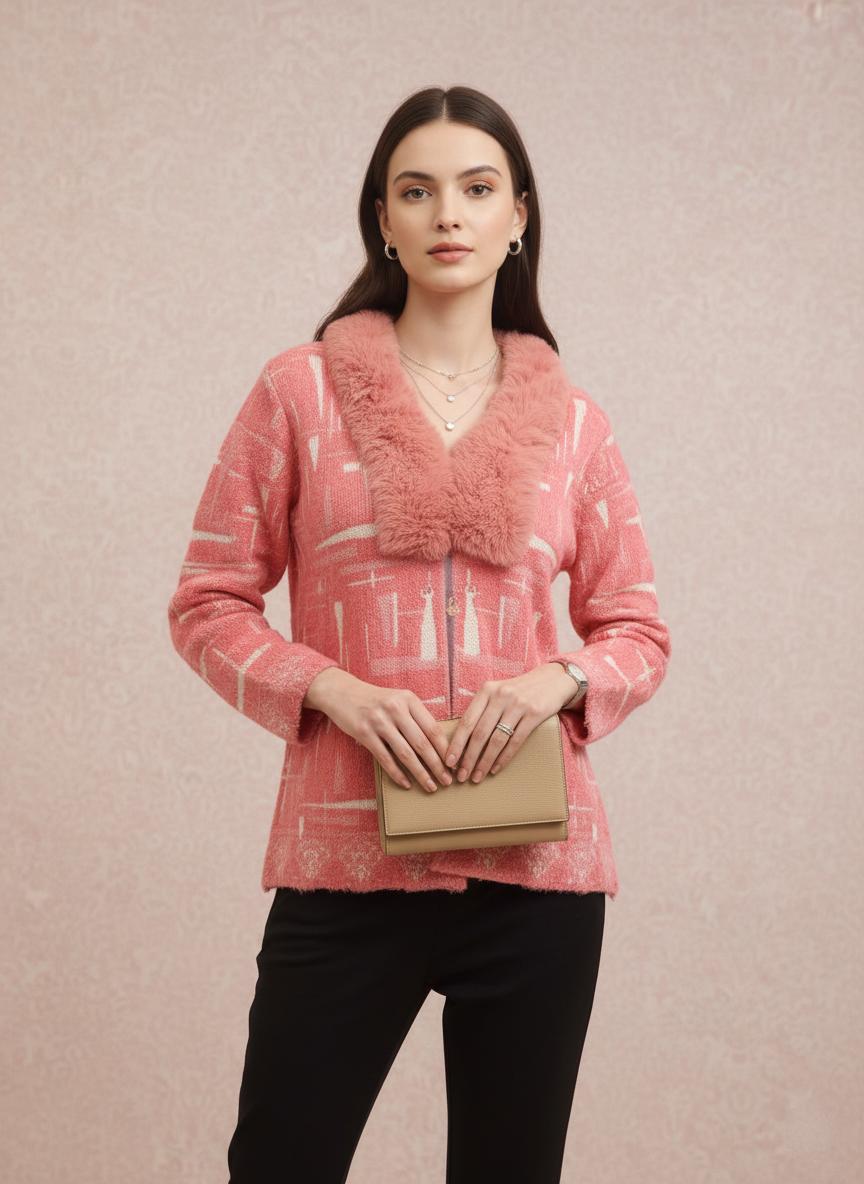 Pink Textured Jacket with Faux Fur Collar