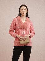 Pink Textured Jacket with Faux Fur Collar