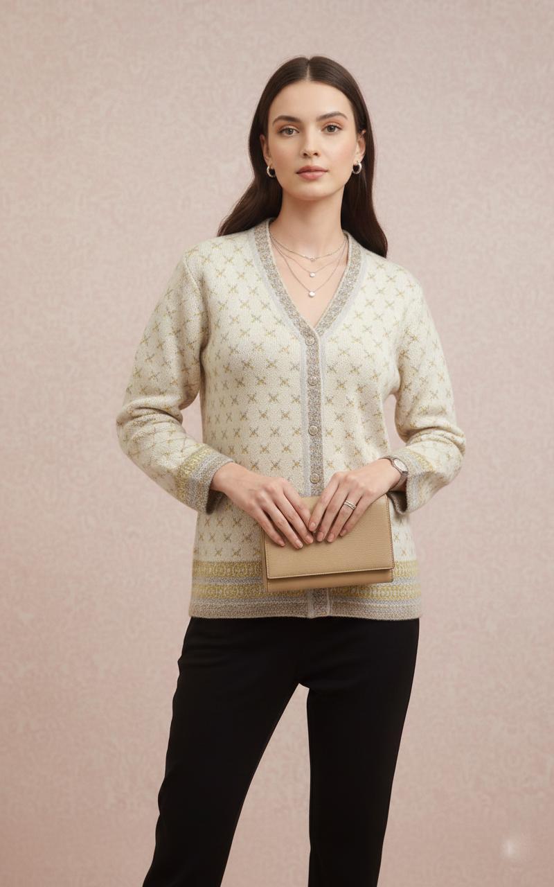 Soft Knit Printed Cardigan with V-Neck & Button Closure