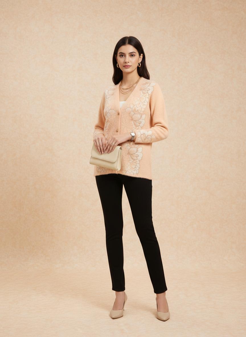 Peach Floral Knit Cardigan with Button Front