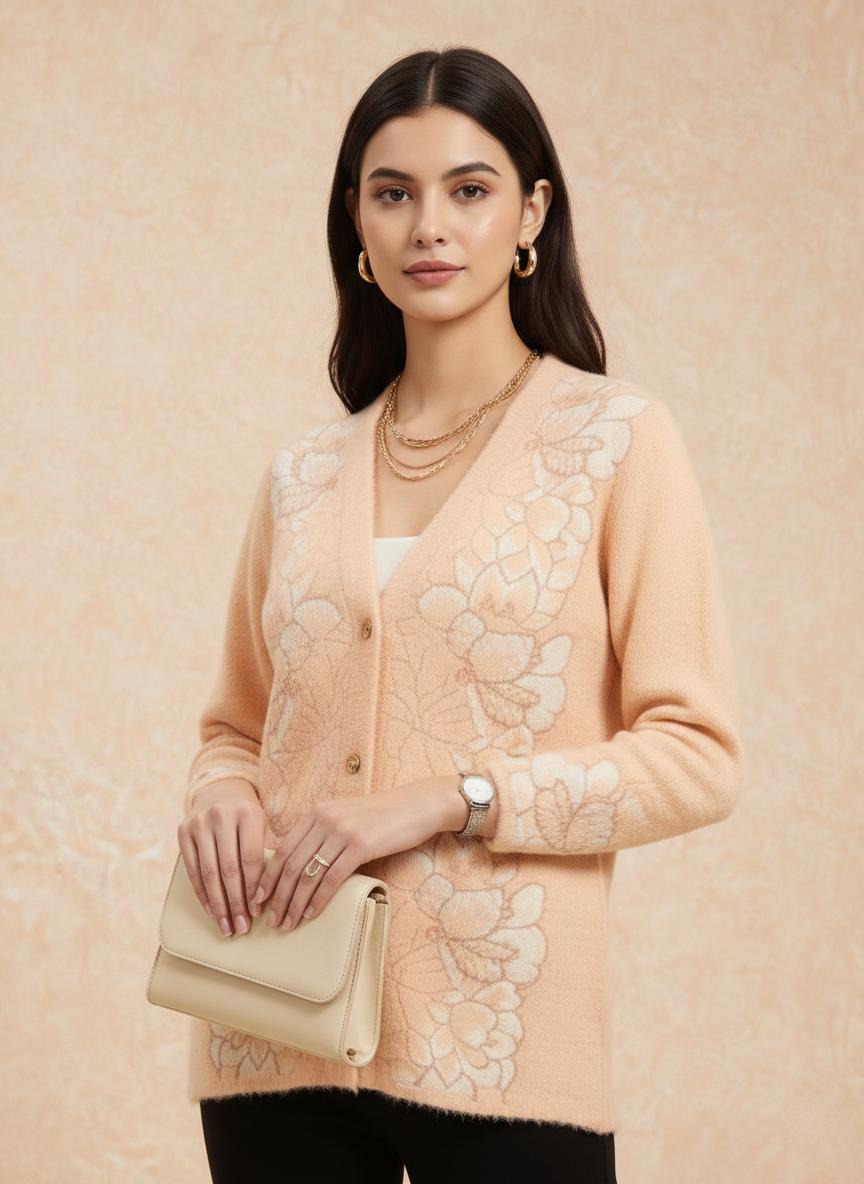 Peach Floral Knit Cardigan with Button Front