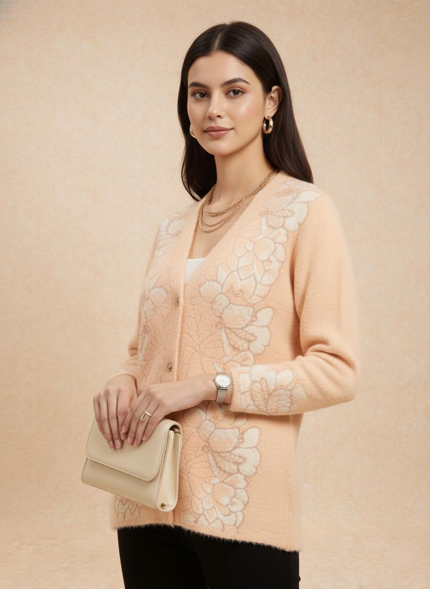 Peach Floral Knit Cardigan with Button Front
