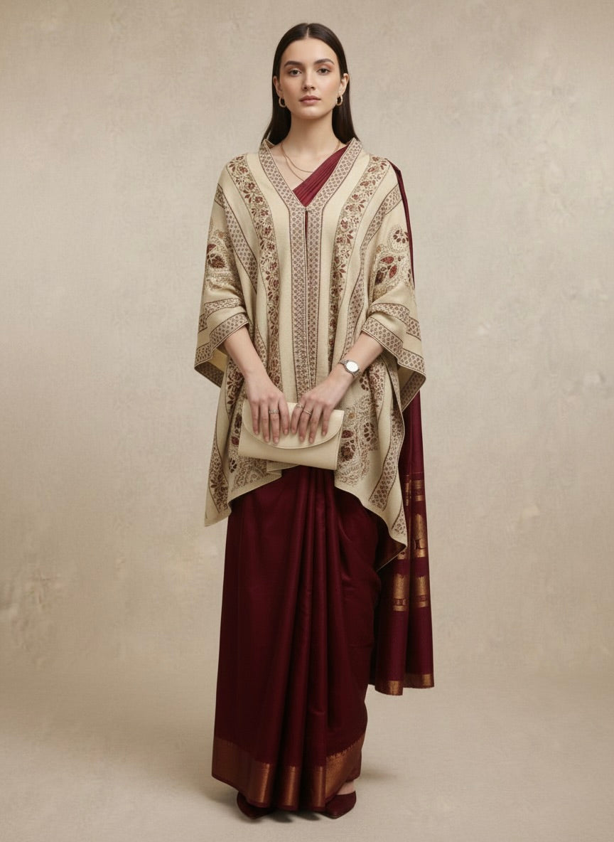 Beige & Maroon Ethnic Woven Winter Poncho