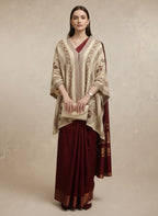 Beige & Maroon Ethnic Woven Winter Poncho