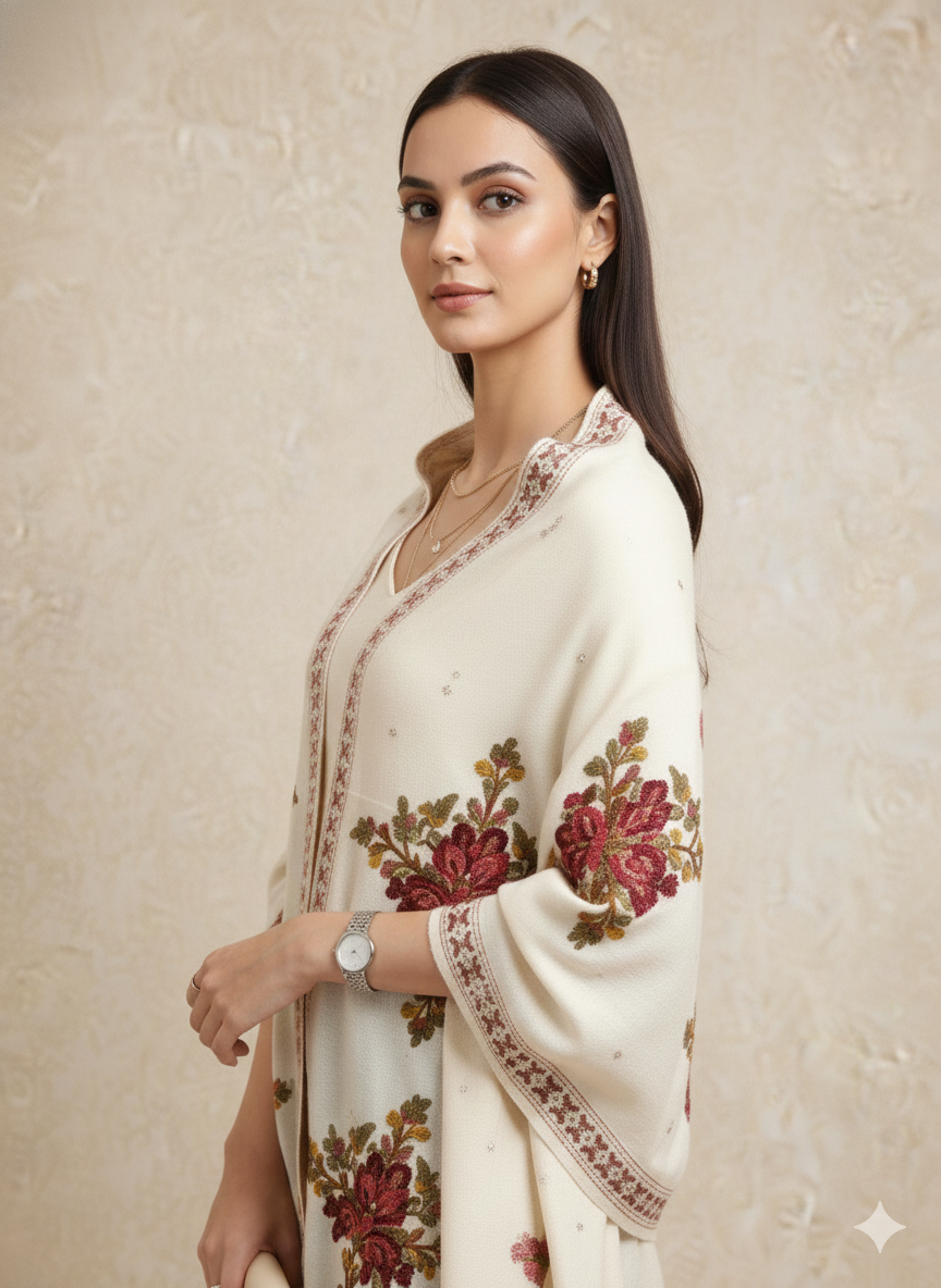 Off-White & Maroon Embroidered Floral Winter Poncho