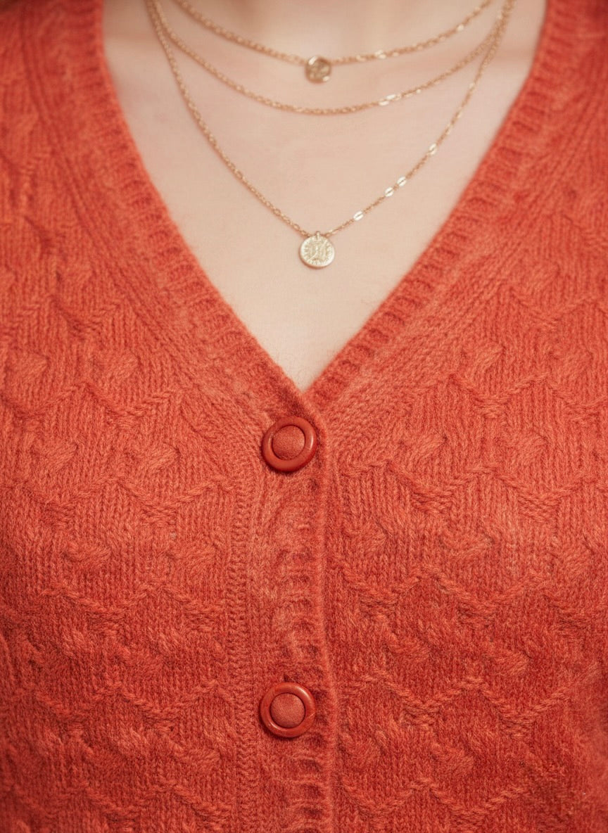 Textured Rust Orange Mohair-Look Cardigan