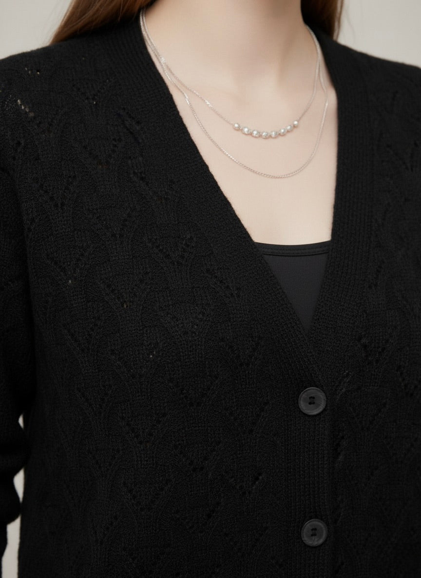 Black Fine Knit Eyelet Pattern Cardigan