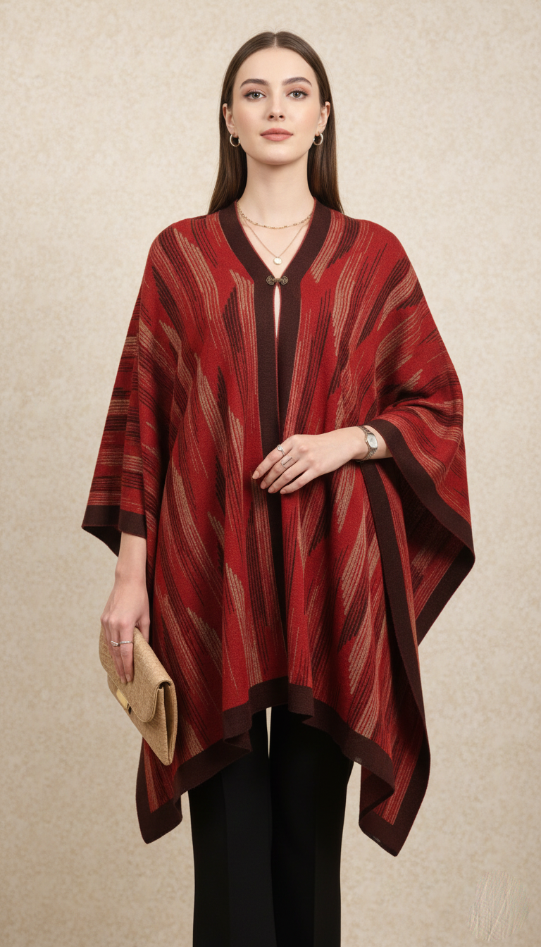 Elegant Striped V-Neck Poncho Shawl