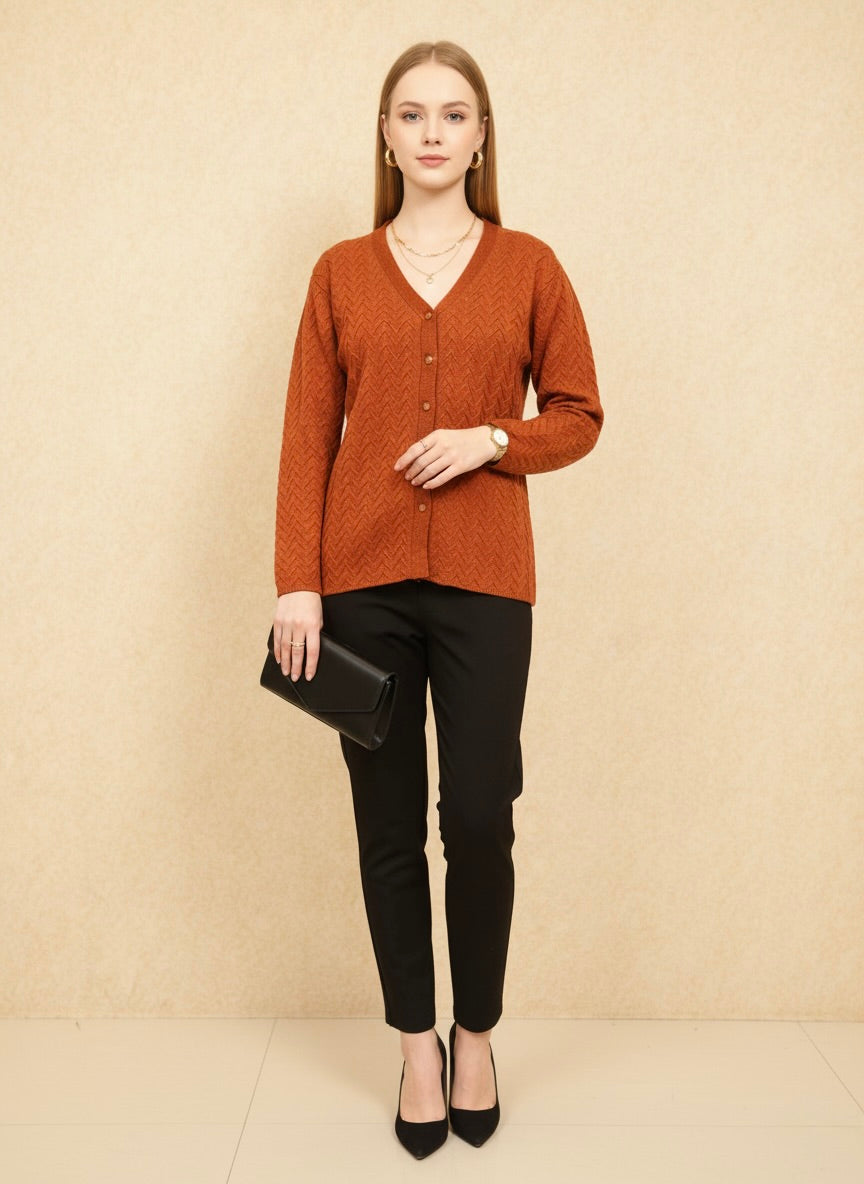 Rust Orange Chevron Knit V-Neck Cardigan