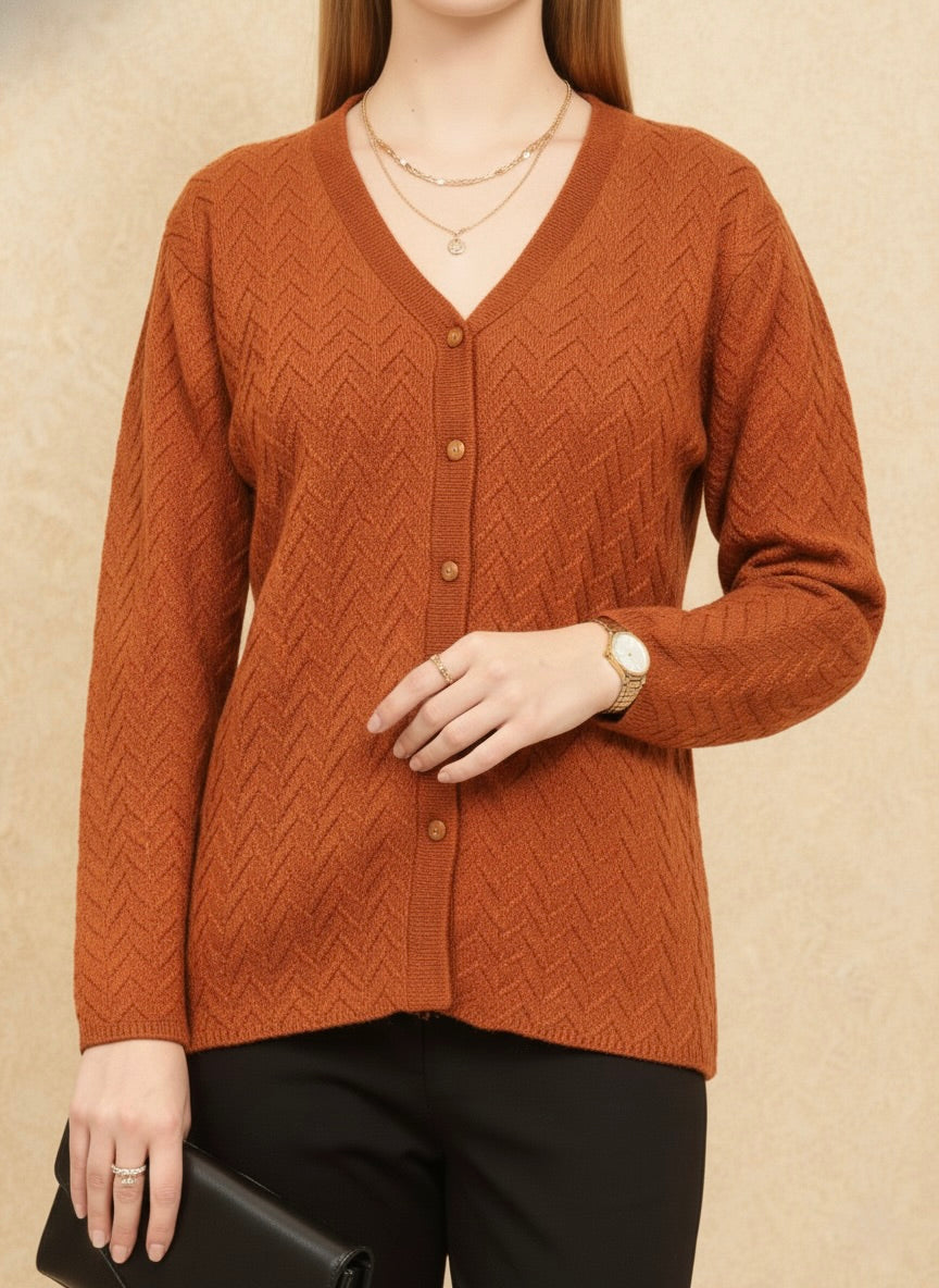 Rust Orange Chevron Knit V-Neck Cardigan
