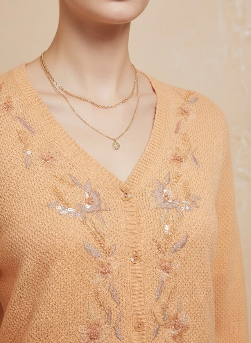 Peach Embroidered V-Neck Cardigan