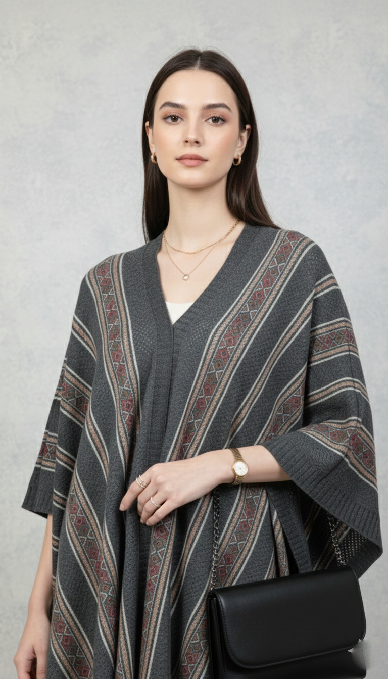 Chic Charcoal Geometric Knitted Poncho with Layered Accessories