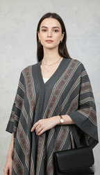 Chic Charcoal Geometric Knitted Poncho with Layered Accessories