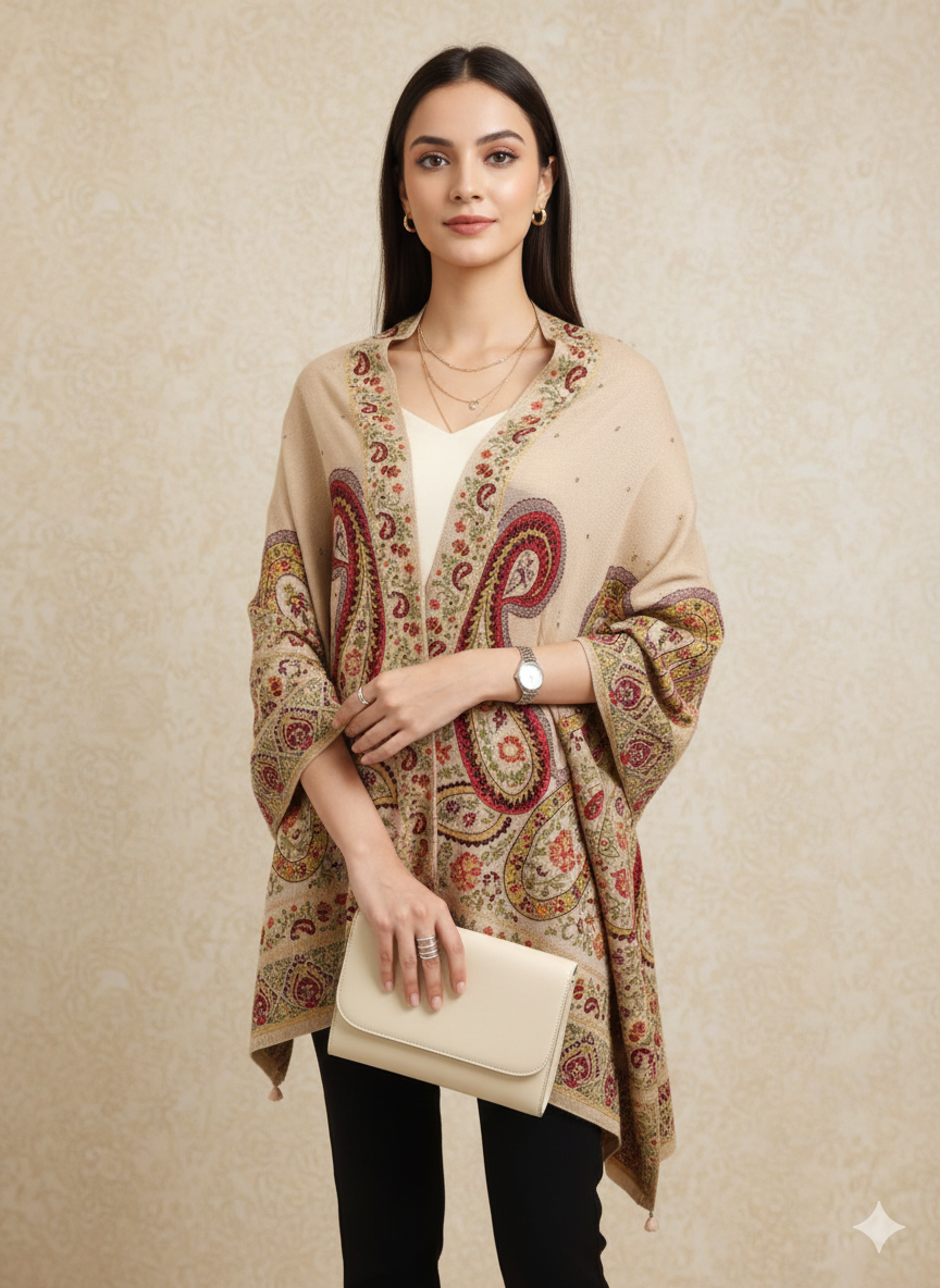 Beige & Maroon Geometric Woven Winter Poncho