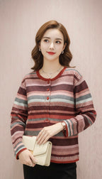 Multi-Colored Striped Crew Neck Cardigan (Maroon, Pink, Gray)
