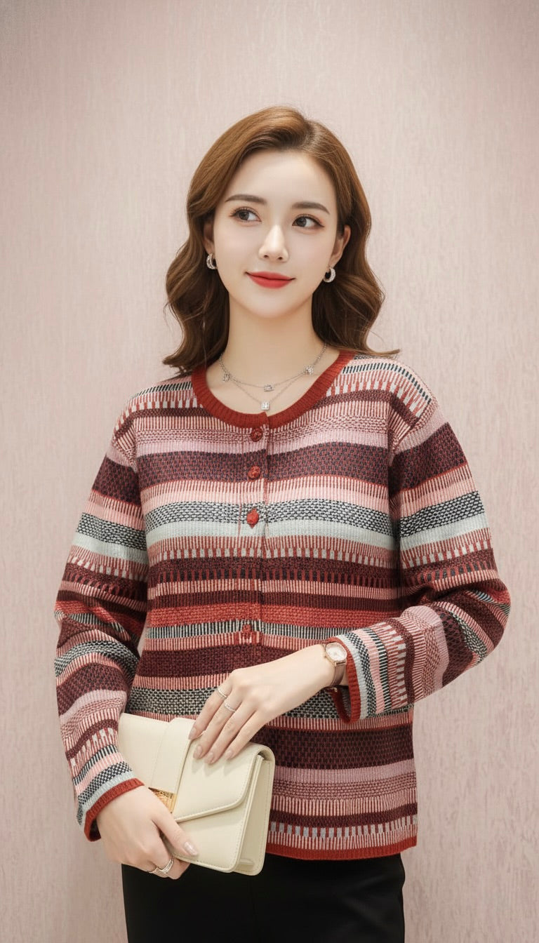 Multi-Colored Striped Crew Neck Cardigan (Maroon, Pink, Gray)
