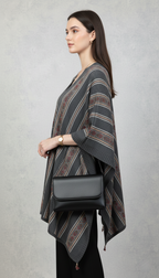 Chic Charcoal Geometric Knitted Poncho with Layered Accessories