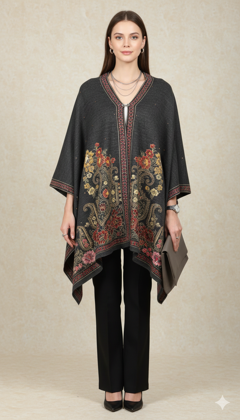 Regal Embroidered Woolen Poncho Shawl
