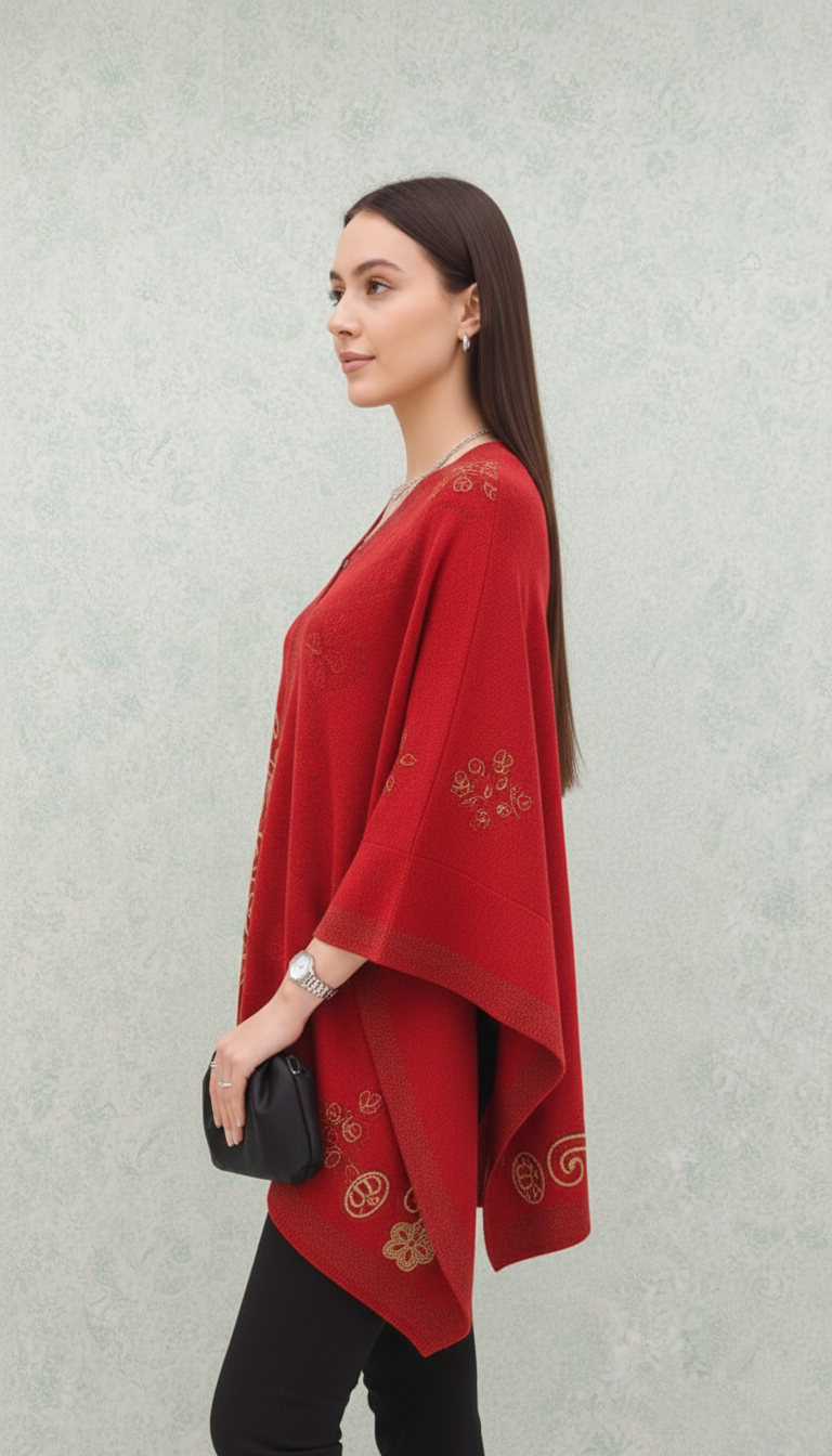 Radiant Red Embroidered Poncho – Bold & Beautiful