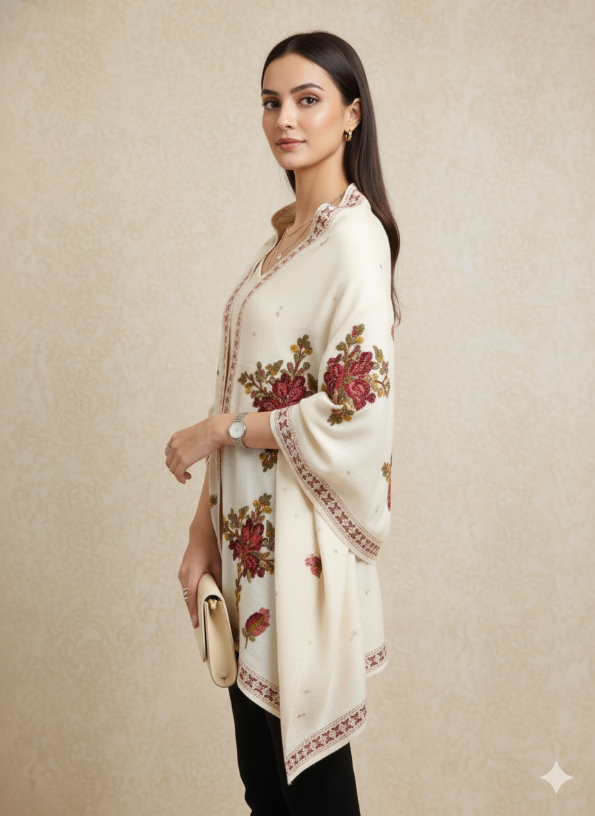 Off-White & Maroon Embroidered Floral Winter Poncho