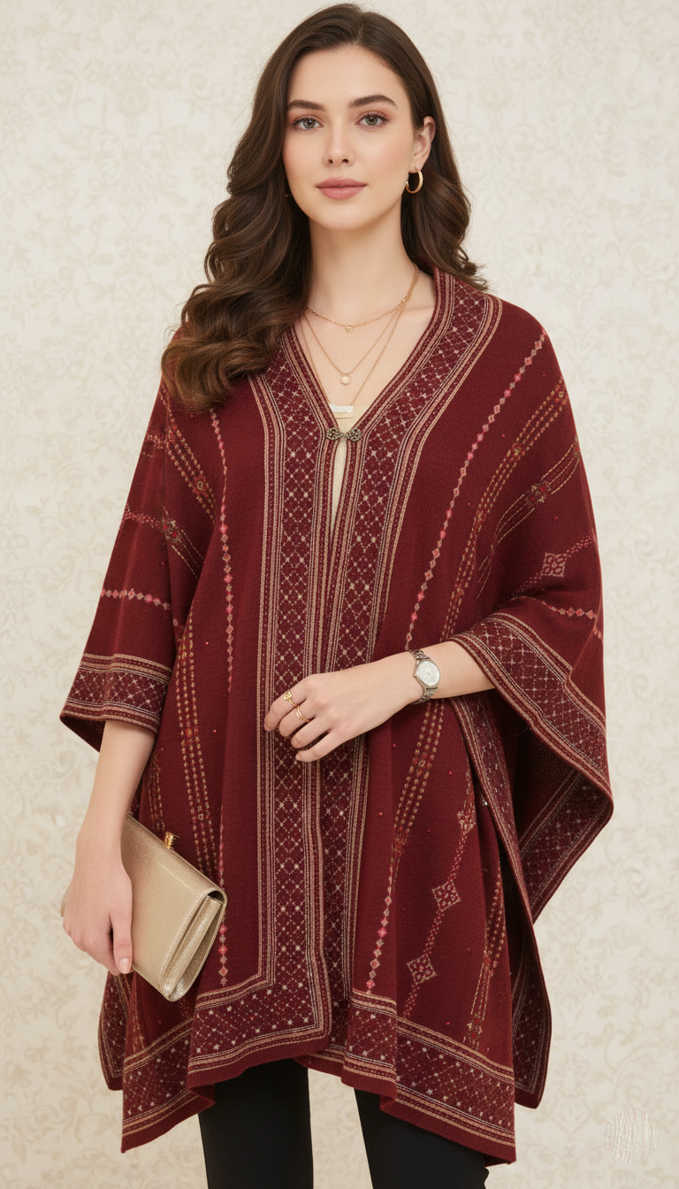 Elegant Maroon Embroidered Poncho Shawl - Chic Winter Layering
