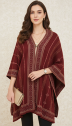 Elegant Maroon Embroidered Poncho Shawl - Chic Winter Layering