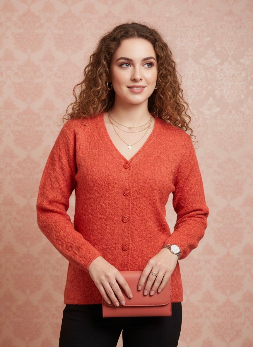 Textured Rust Orange Mohair-Look Cardigan