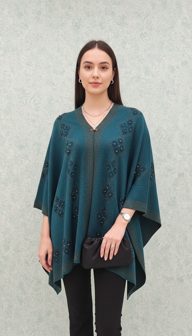Embellished Teal Knit Poncho – Effortless Elegance