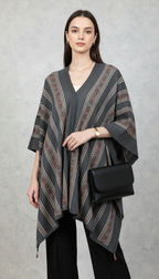 Chic Charcoal Geometric Knitted Poncho with Layered Accessories