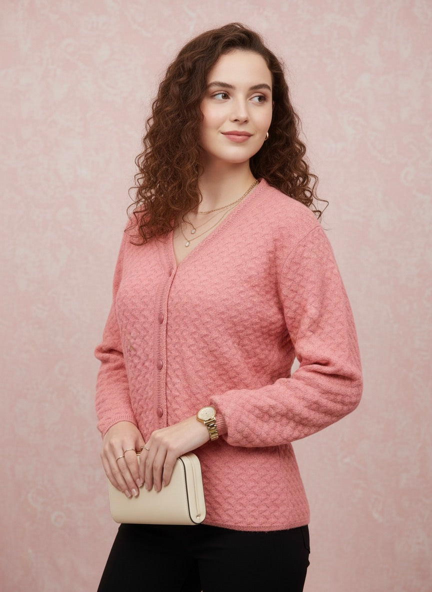 Dusty Pink Textured Diamond Knit Cardigan
