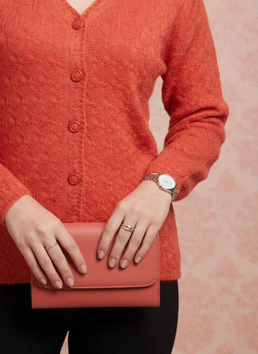 Textured Rust Orange Mohair-Look Cardigan