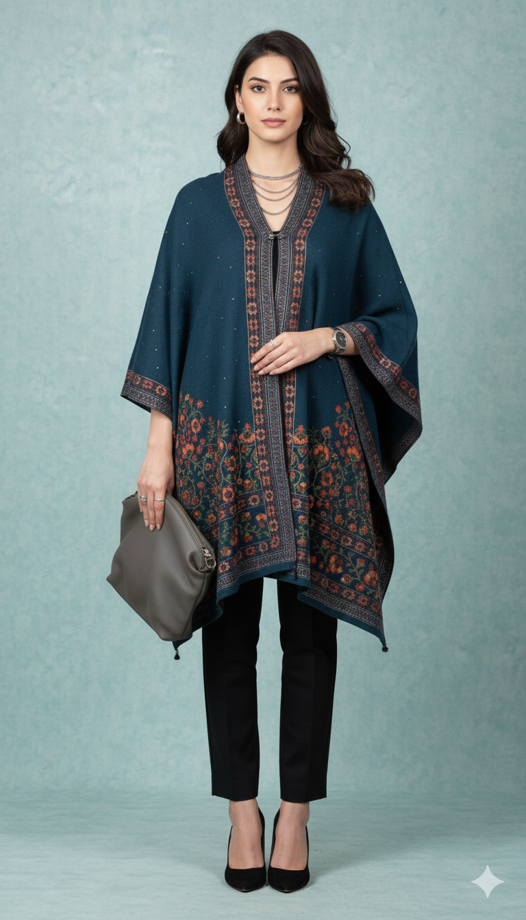 Deep Teal Embroidered Woolen Poncho with Rust Floral Border